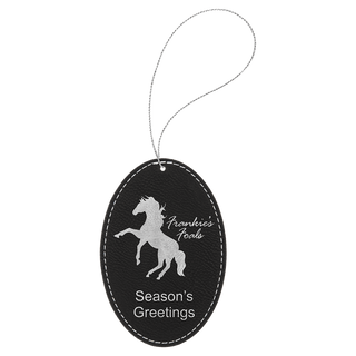 Black/Silver Laserable Leatherette Oval Ornament with Silver String