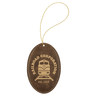 Rustic/Gold Laserable Leatherette Oval Ornament with Gold String
