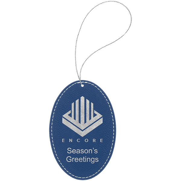 Blue/Silver Laserable Leatherette Oval Ornament with Silver String
