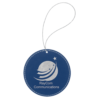 Blue/Silver Laserable Leatherette Round Ornament with Silver String