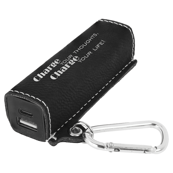 Black/Silver Laserable Leatherette 2200 mAh Power Bank with USB-C Cord