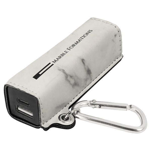 White Marble Laserable Leatherette 2200 mAh Power Bank with USB-C Cord
