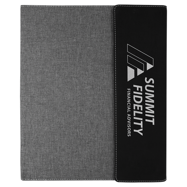 Black/Silver Laserable Leatherette / Gray 9 1/2" x 12" Laserable Leatherette / Canvas Portfolio with Notepad