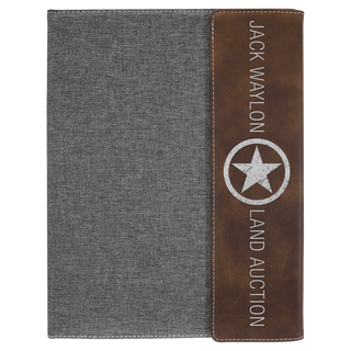 9 1/2"x12" Rustic/Silver Laserable Leatherette/Gray Canvas Portfolio w/Notepad