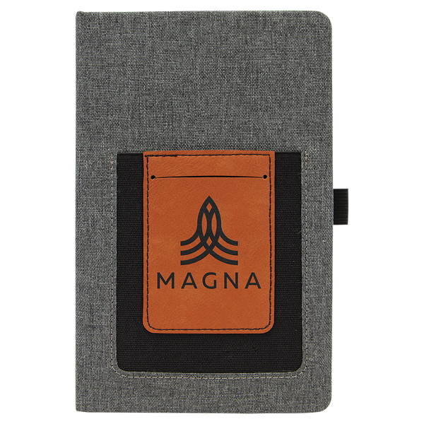 Gray w/Rawhide 5 1/4" x 8 1/4" Laserable Leatherette Journal with Cell/Card Slot