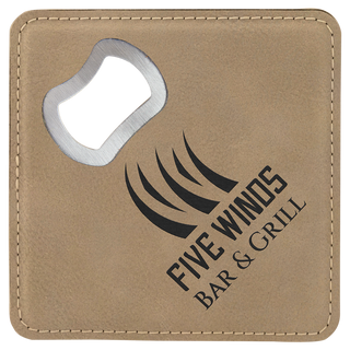 Light Brown 4" x 4" Square Laserable Leatherette Bottle Opener Coaster