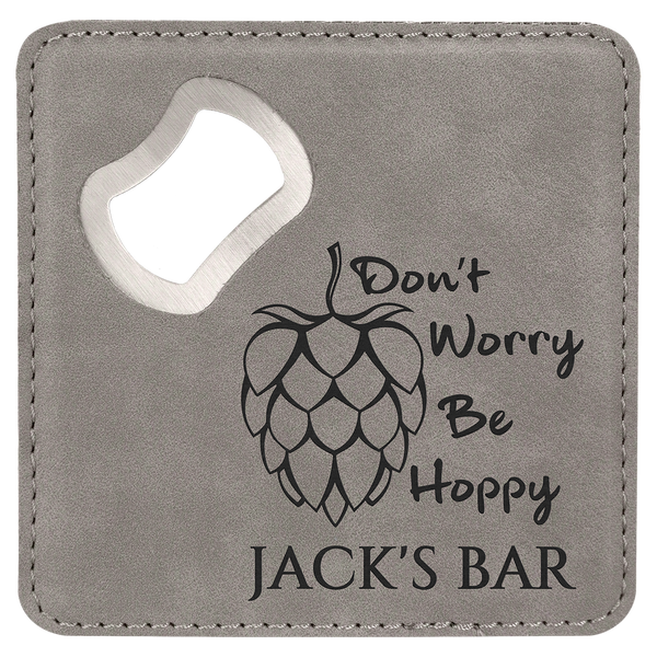 Gray 4" x 4" Square Laserable Leatherette Bottle Opener Coaster
