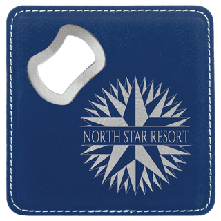 Blue/Silver 4" x 4" Square Laserable Leatherette Coaster with Bottle Opener