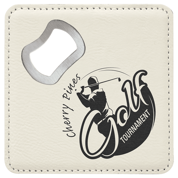White 4" x 4" Square Laserable Leatherette Bottle Opener Coaster