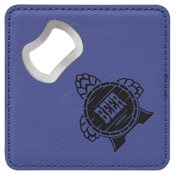 Purple 4" x 4" Square Laserable Leatherette Bottle Opener Coaster
