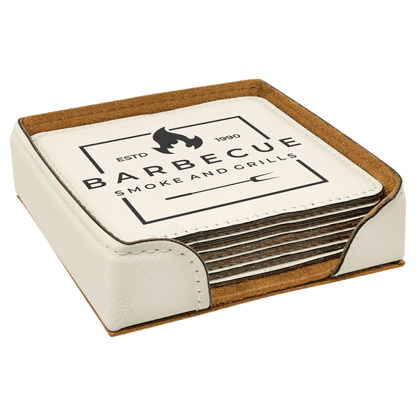 White 4" x 4" Square Laserable Leatherette 6-Coaster Set