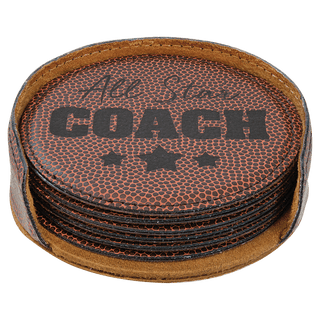 4" Football Round Laserable Leatherette 6-Coaster Set