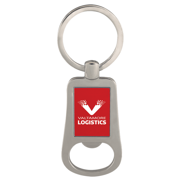 Silver/Red 2 1/8" Laserable Bottle Opener Keychain
