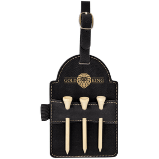 Black/Gold 5" x 3 1/4" Laserable Leatherette Golf Bag Tag with 3 Wooden Tees