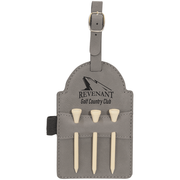 Gray 5" x 3 1/4" Laserable Leatherette Golf Bag Tag with 3 Wooden Tees