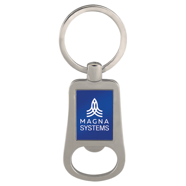 Silver/Blue 2 1/8" Laserable Bottle Opener Keychain