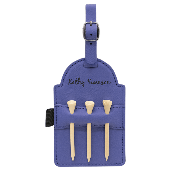Purple 5" x 3 1/4" Laserable Leatherette Golf Bag Tag with 3 Wooden Tees