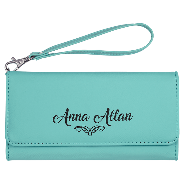 Teal 7 1/2" x 4" Laserable Leatherette Wallet with Strap