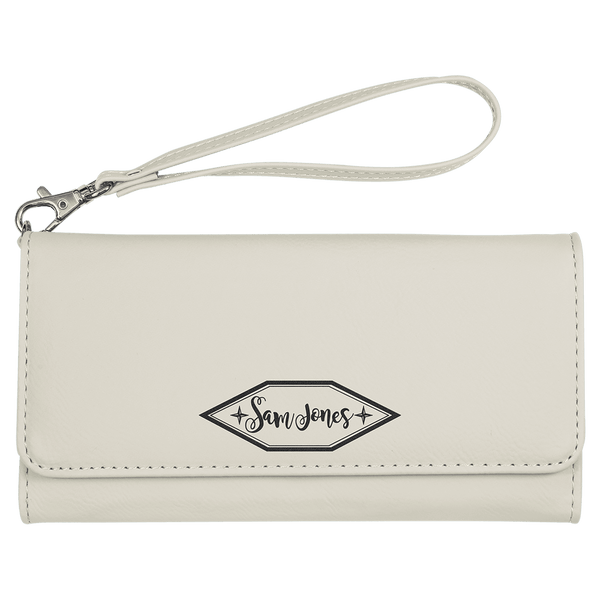 White 7 1/2" x 4" Laserable Leatherette Wallet with Strap