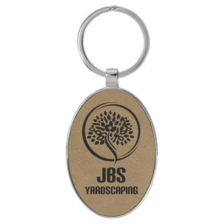 Light Brown 3" x 1 3/4" Laserable Leatherette/Metal Oval Keychain