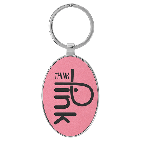 Pink 3" x 1 3/4" Laserable Leatherette/Metal Oval Keychain