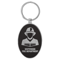 Black/Silver 3" x 1 3/4" Laserable Leatherette/Metal Oval Keychain