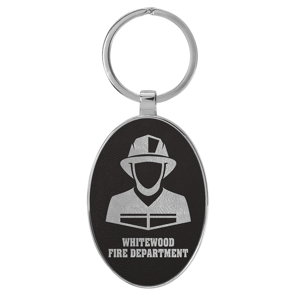 Black/Silver 3" x 1 3/4" Laserable Leatherette/Metal Oval Keychain