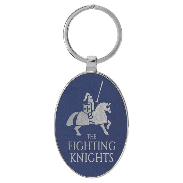 Blue/Silver 3" x 1 3/4" Laserable Leatherette/Metal Oval Keychain