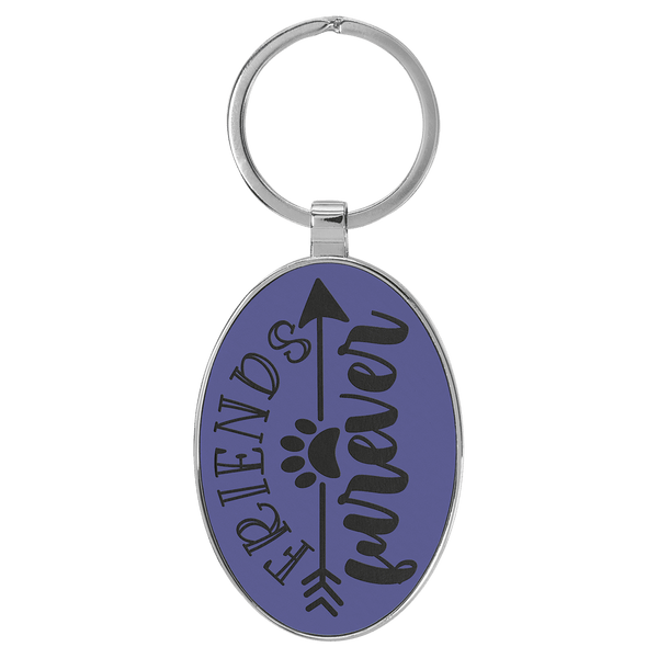 Purple 3" x 1 3/4" Laserable Leatherette/Metal Oval Keychain