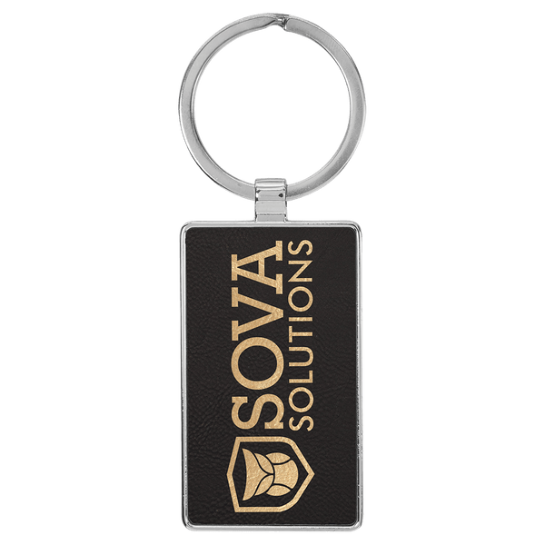 Black/Gold 2 3/4" x 1 1/4" Laserable Leatherette/Metal Rectangle Keychain