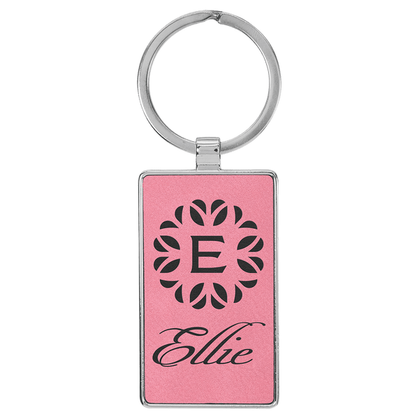 Pink 2 3/4" x 1 1/4" Laserable Leatherette/Metal Rectangle Keychain
