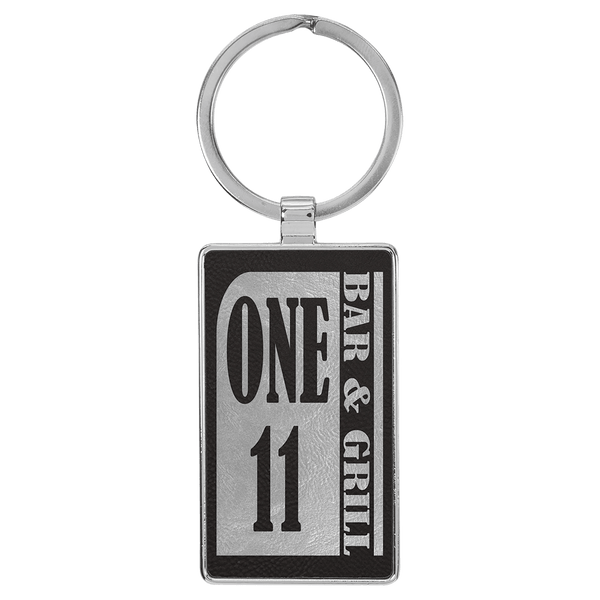 Black/Silver 2 3/4" x 1 1/4" Laserable Leatherette/Metal Rectangle Keychain