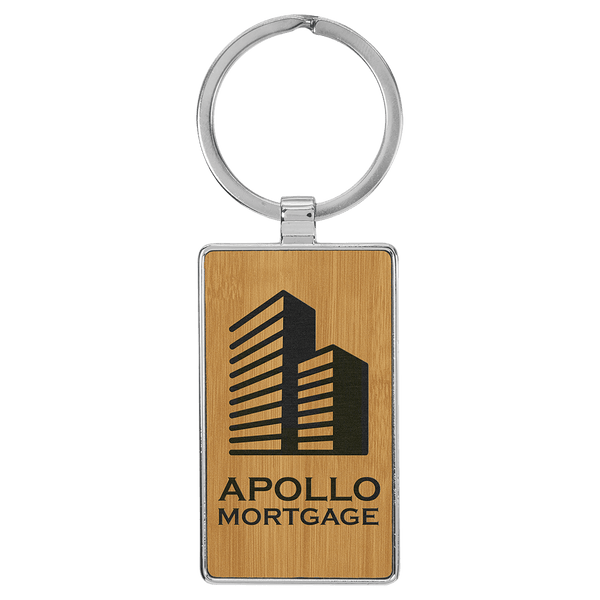 Bamboo 2 3/4" x 1 1/4" Laserable Leatherette/Metal Rectangle Keychain