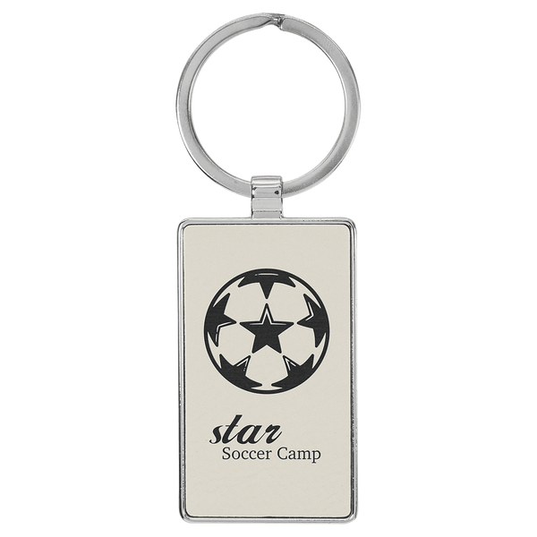 White 2 3/4" x 1 1/4" Laserable Leatherette/Metal Rectangle Keychain