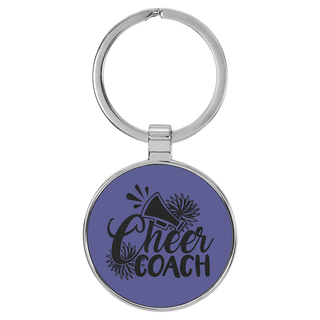 Purple 1 1/2" Laserable Leatherette/Metal Round Keychain