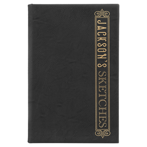 Black/Gold 5 1/4" x 8 1/4" Laserable Leatherette Sketch Book with Unlined Notepad
