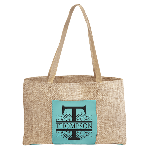 Teal 19" x 12" Burlap Bag with 5" Laserable Leatherette Gusset