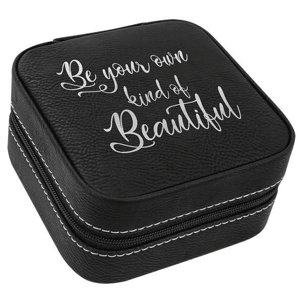 Black/Silver 4" X 4" Laserable Leatherette Travel Jewelry Box with Tan Lining