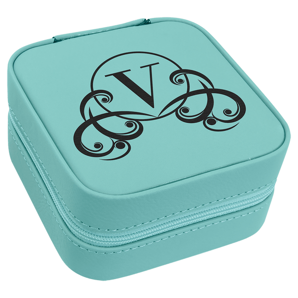 Teal 4" X 4" Laserable Leatherette Travel Jewelry Box with Tan Lining