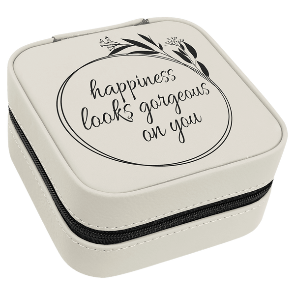 White/Black 4" X 4" Laserable Leatherette Travel Jewelry Box with Black Lining