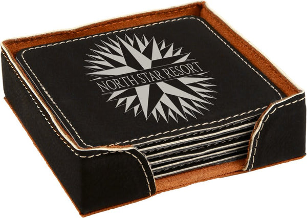 Black/Silver 4" x 4" Square Laserable Leatherette 6-Coaster Set