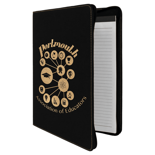 Black/Gold 9 1/2" x 12" Light Brown w/ Zipper Laserable Leatherette Portfolio with Notepad