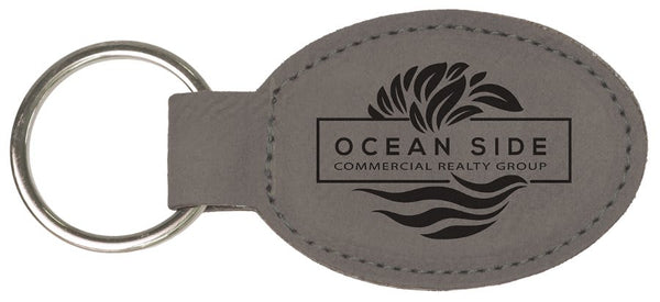 Gray 3" x 1 3/4" Laserable Leatherette Oval Keychain
