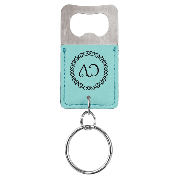 Teal Rectangle Laserable Leatherette Bottle Opener Keychain