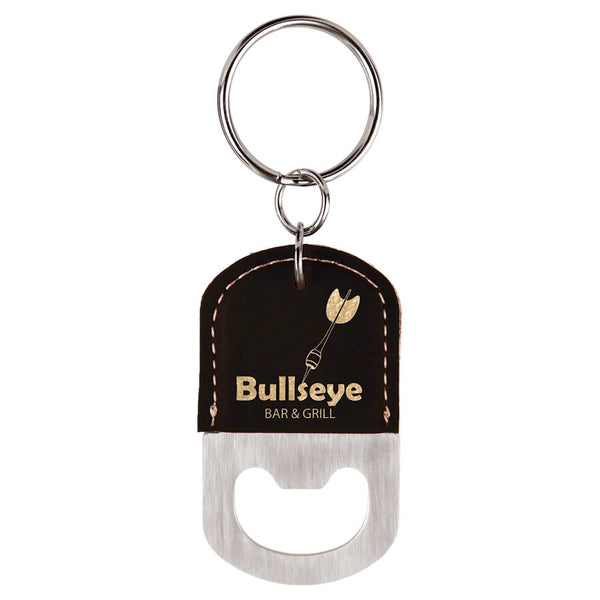 Black/Gold Oval Laserable Leatherette Bottle Opener Keychain