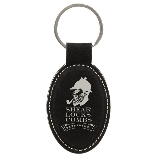 Black/Silver 3" x 1 3/4" Laserable Leatherette Oval Keychain