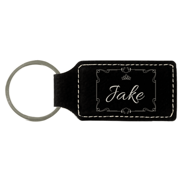 Black/Silver 2 3/4" x 1 1/4" Laserable Leatherette Rectangle Keychain