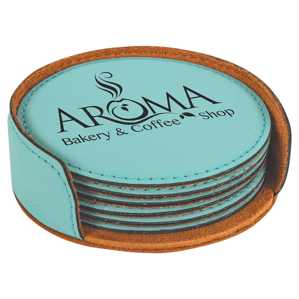 Teal 4" Round Laserable Leatherette 6-Coaster Set