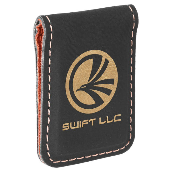 Black/Gold 1 3/4" x 2 1/2" Laserable Leatherette Money Clip