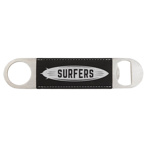 Black/Silver 1 1/2" x 7" Laserable Leatherette Bottle Opener